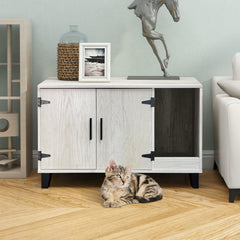 TaoHFE litter box enclosure side view shows sturdy pine cabinet with hidden litter access for tidy spaces.