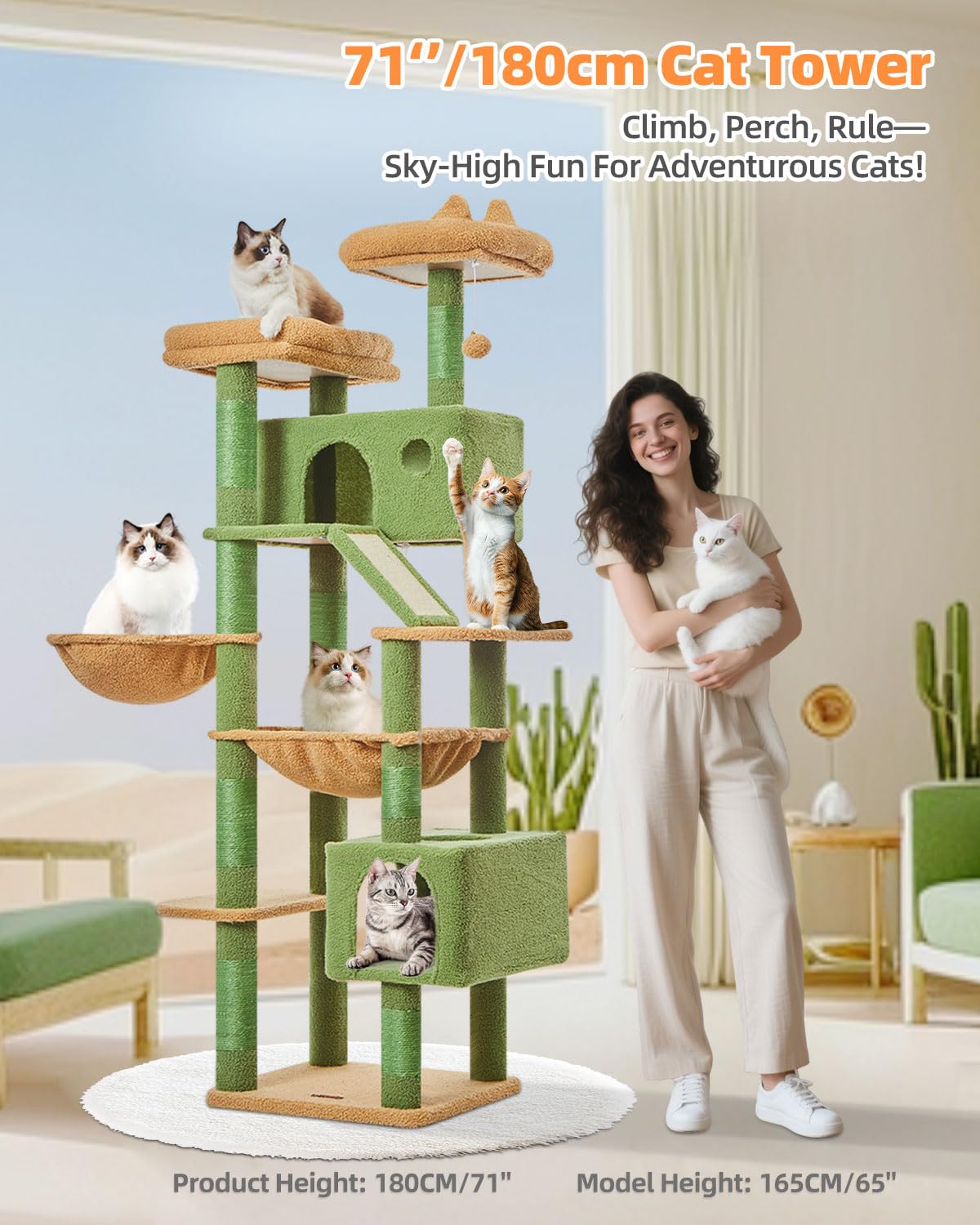 Taoqimiao Cactus Cat Tree hammock close-up highlighting wide resting area for naps