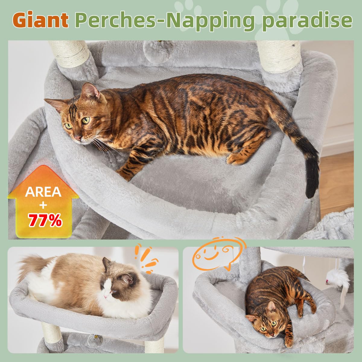 Taoqimiao cat tree 3-platform design creates varied perches for active and resting cats.