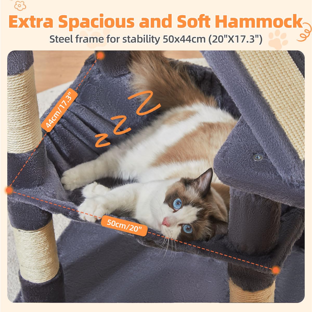 Taoqimiao Cat Tree hammock and hanging basket for lounging and monitoring surroundings.