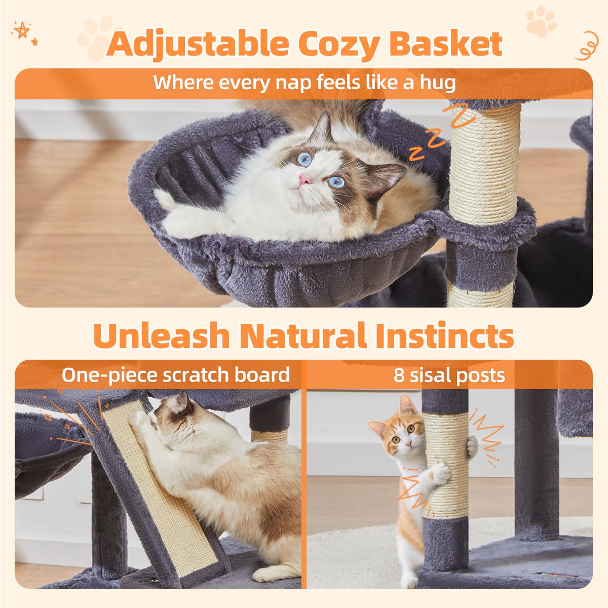 Taoqimiao Cat Tree scratch board and ramp support healthy claws.