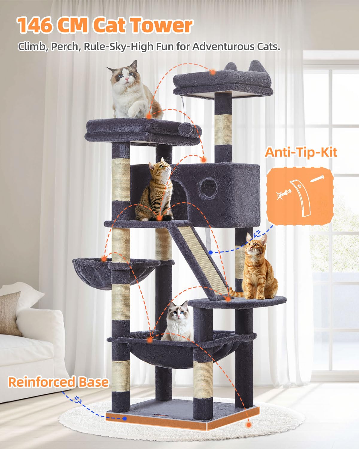 Taoqimiao Cat Tree features eight sisal posts for durable scratching.