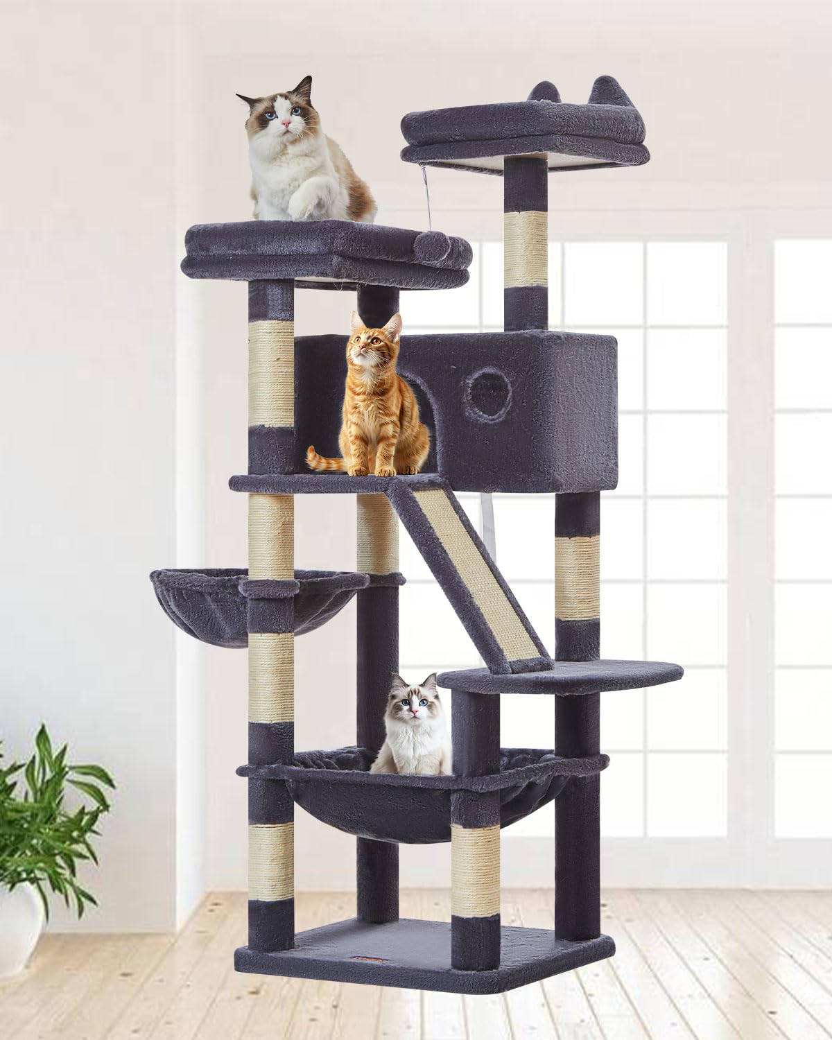 Taoqimiao Cat Tree front view shows tall multi-level play space and sturdy build.