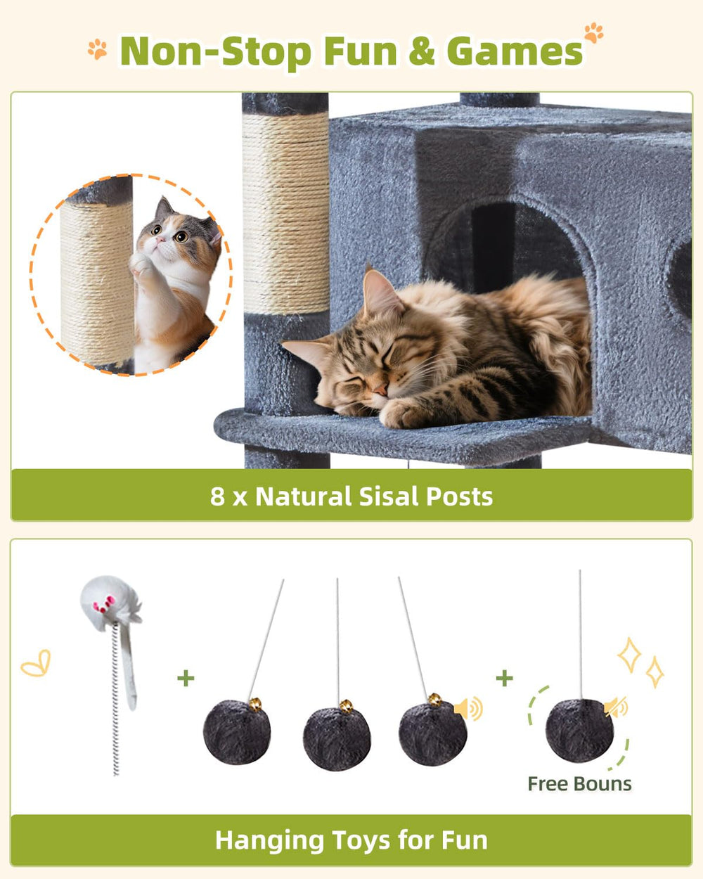 Taoqimiao Cat Tree MS046G easy-clean flannel cover simplifies maintenance.