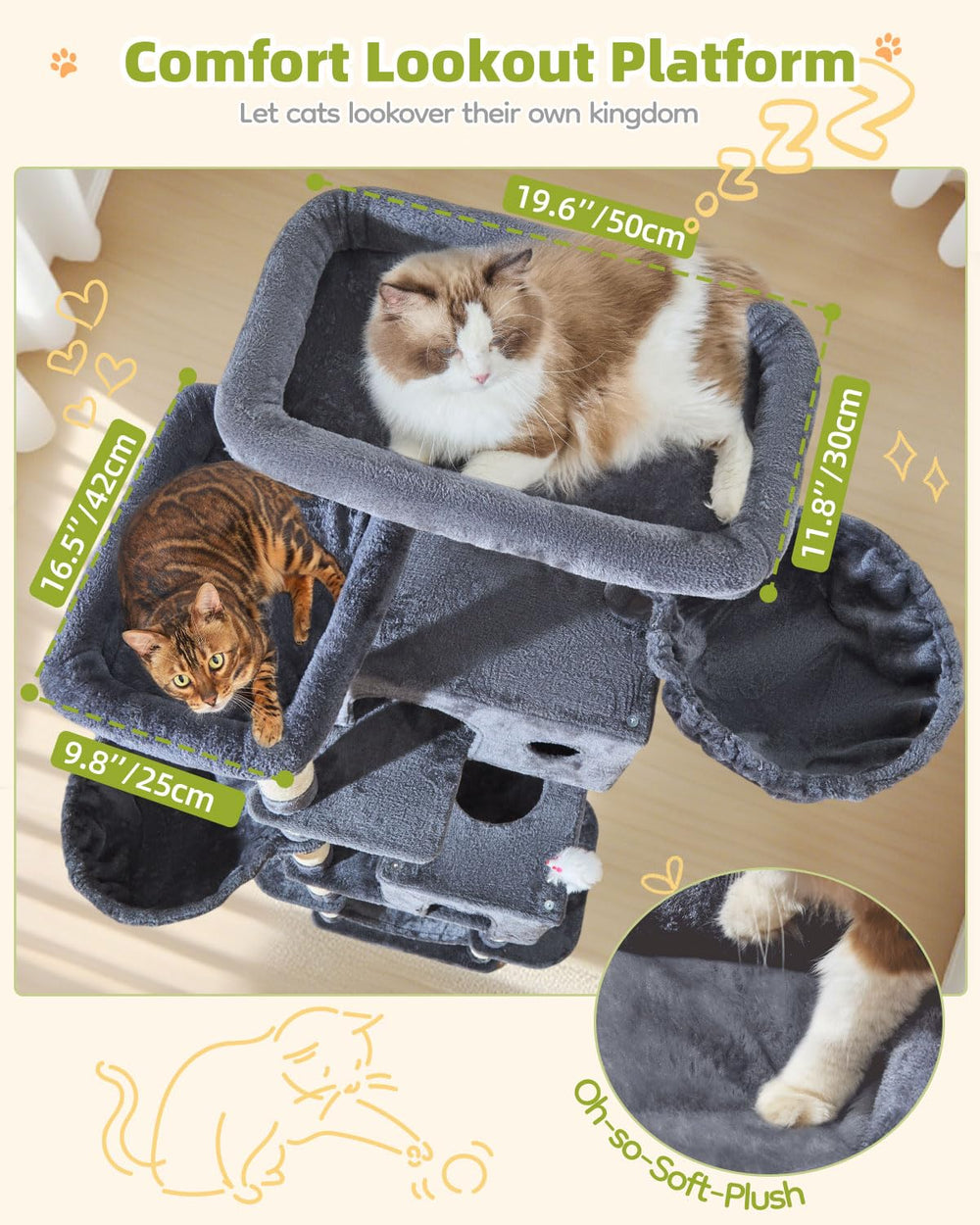 Taoqimiao Cat Tree MS046G natural sisal posts satisfy claws during play.