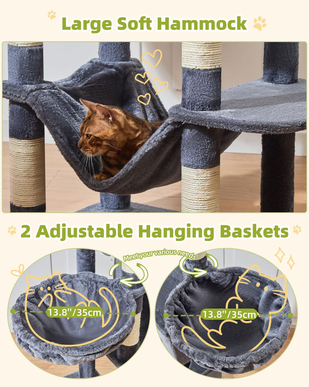 Taoqimiao Cat Tree MS046G soft hammock invites relaxed feline downtime.