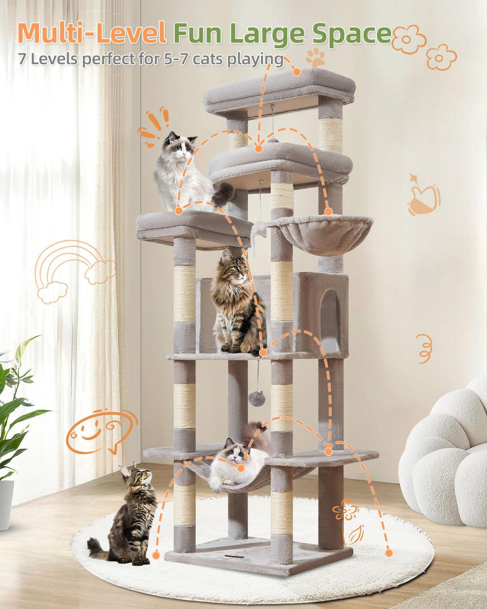 Taoqimiao cat tree toys include pom-poms and a mouse for playful engagement.