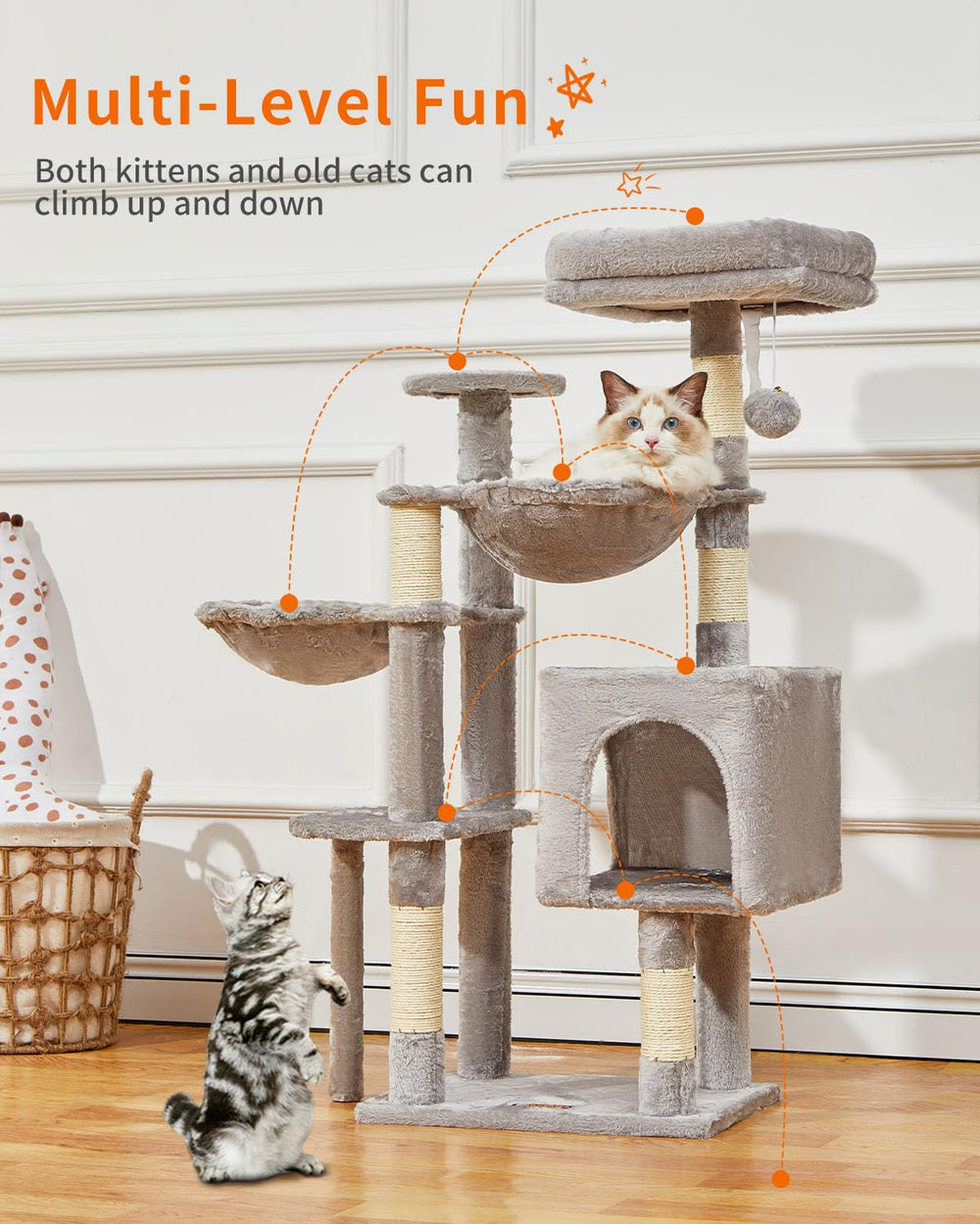 Taoqimiao cat tree two hammocks offer relaxed lounging spots.