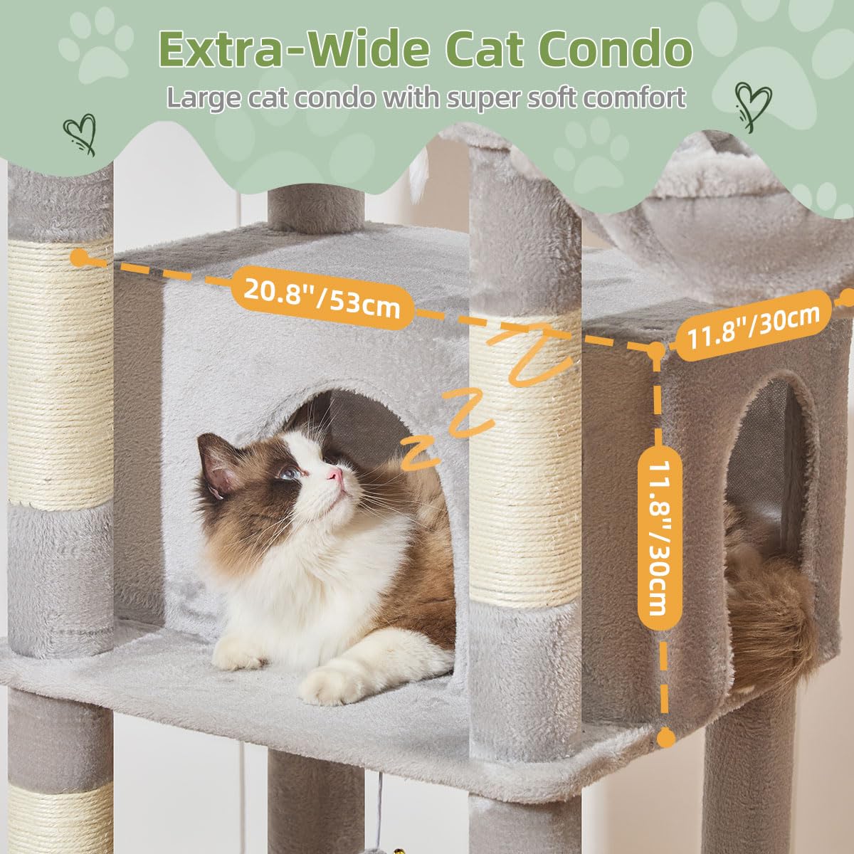 Taoqimiao cat tree wide resting condo accommodates large felines with comfy space.