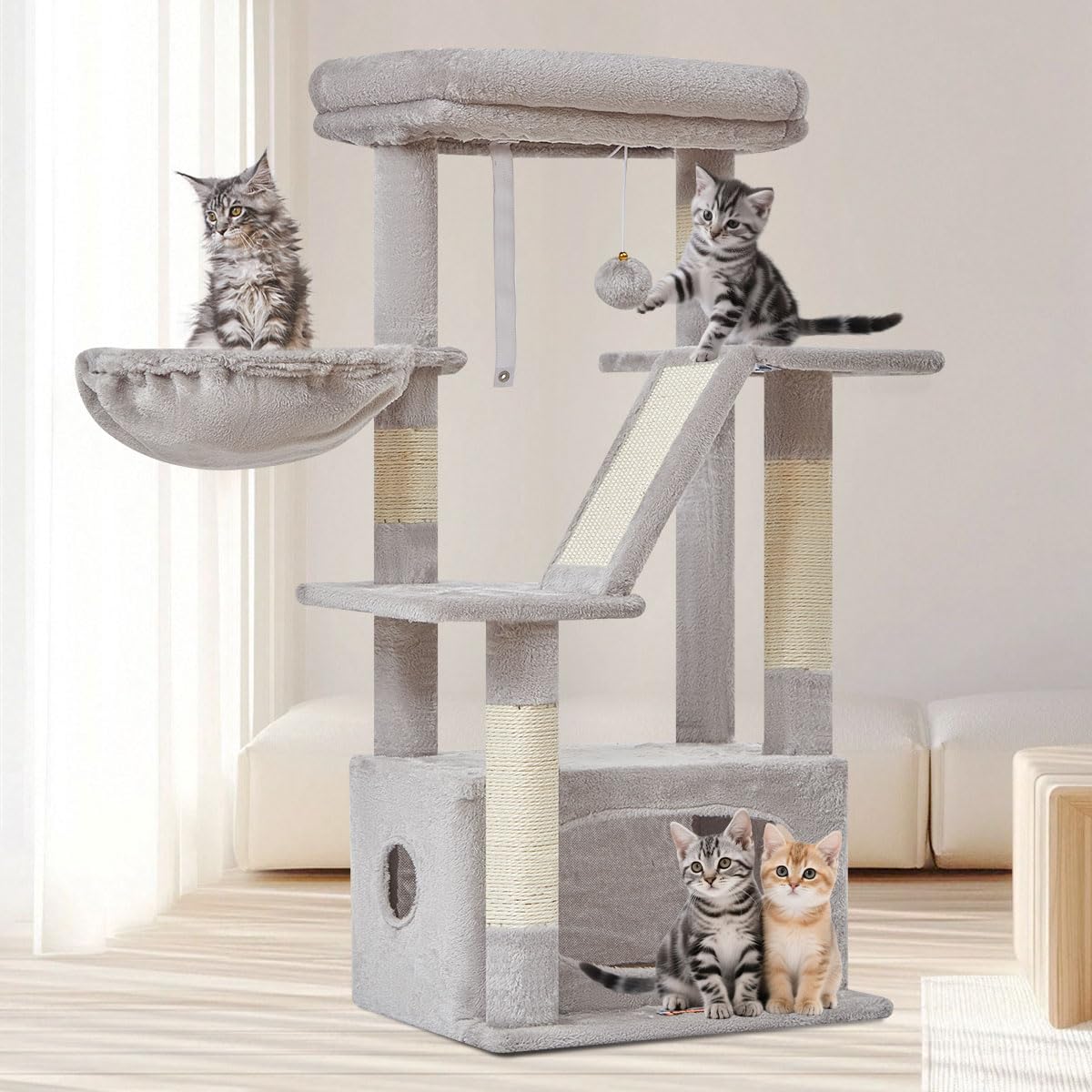 Taoqimiao light-gray-finish fits modern homes while housing playful cats.