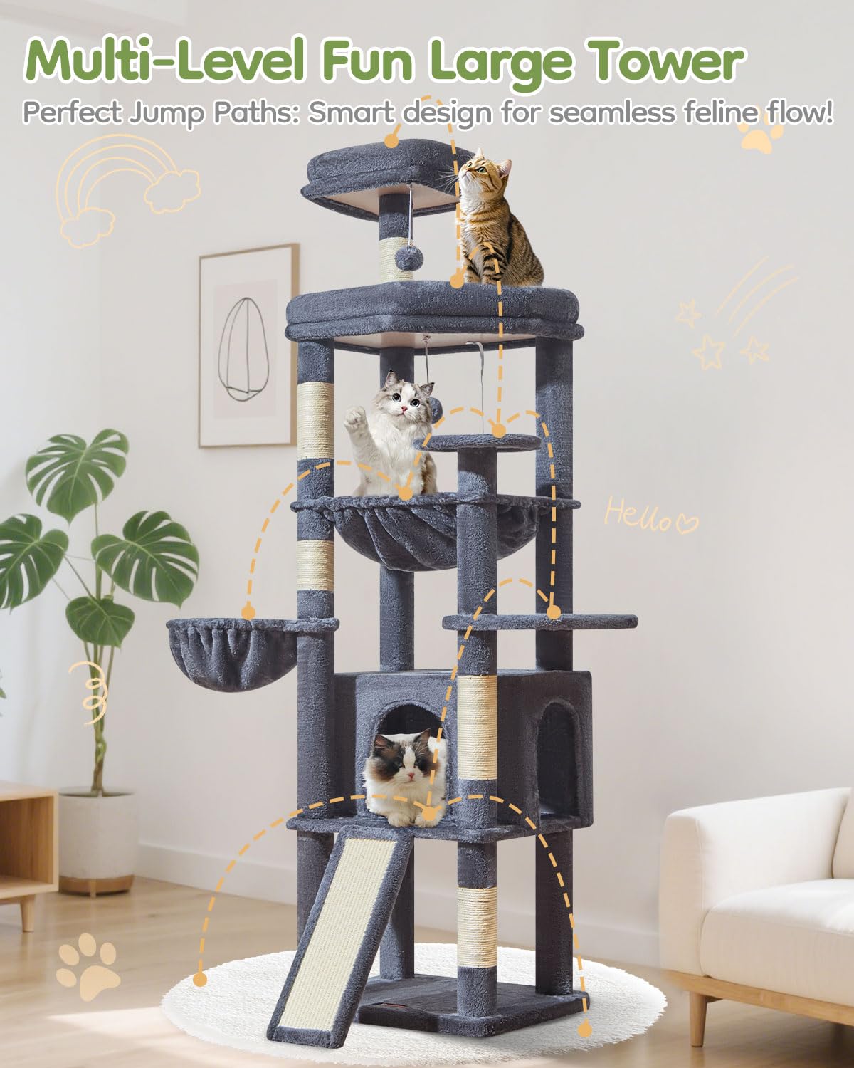Taoqimiao MS045G cat-tower-side-view showcases a multi-cat playground design.