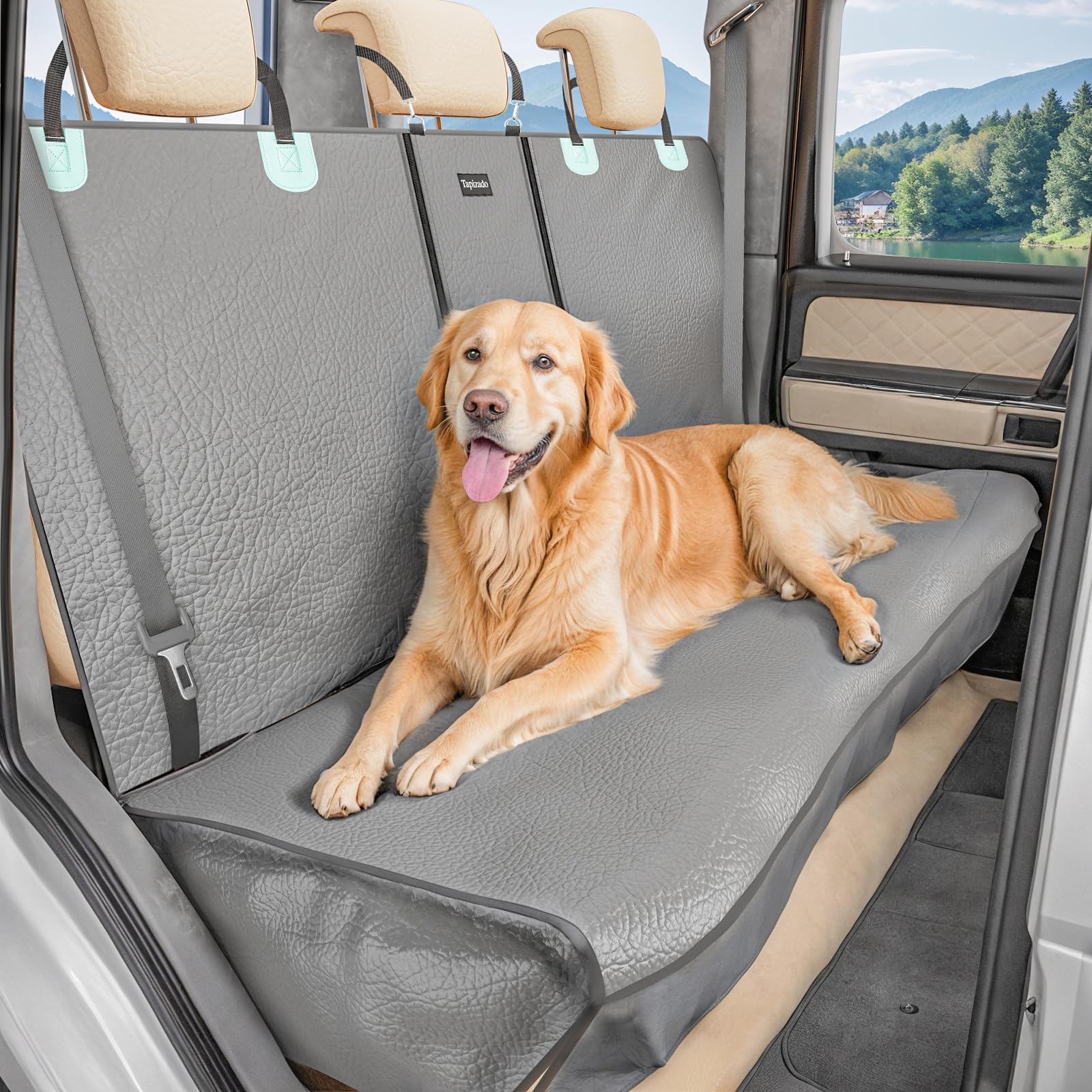 Tapizado dog car seat cover gray material blends with interior and hides fur.