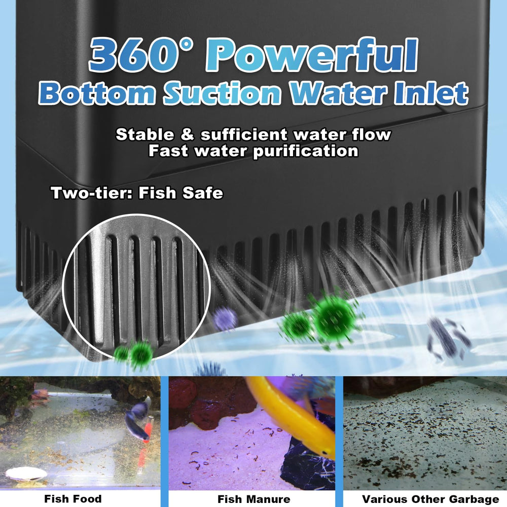 Tararium 290GPH turtle filter bottom suction highlights debris removal from tank bottom