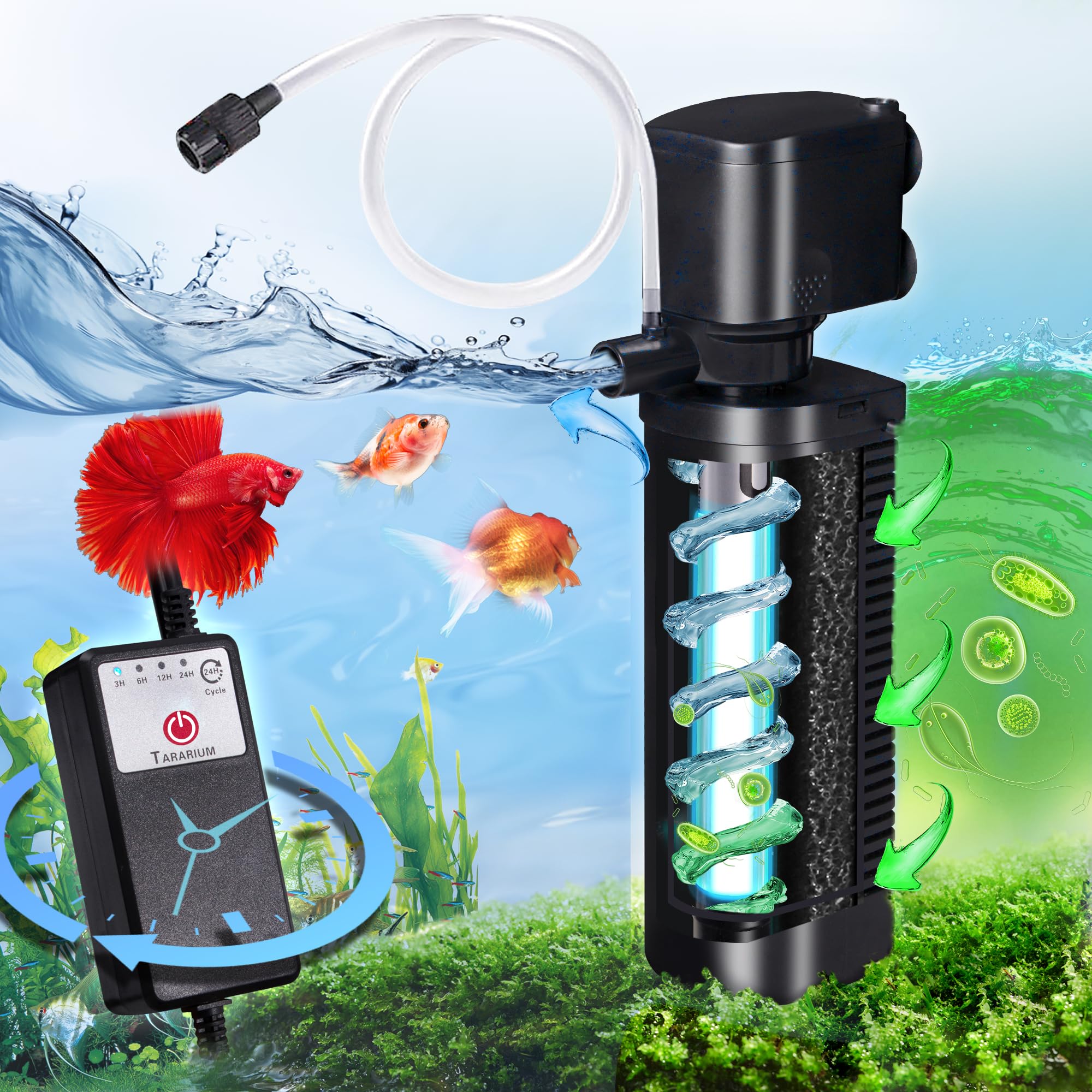 Tararium aquarium filter UV-timer-pump for consistent flow and odor control