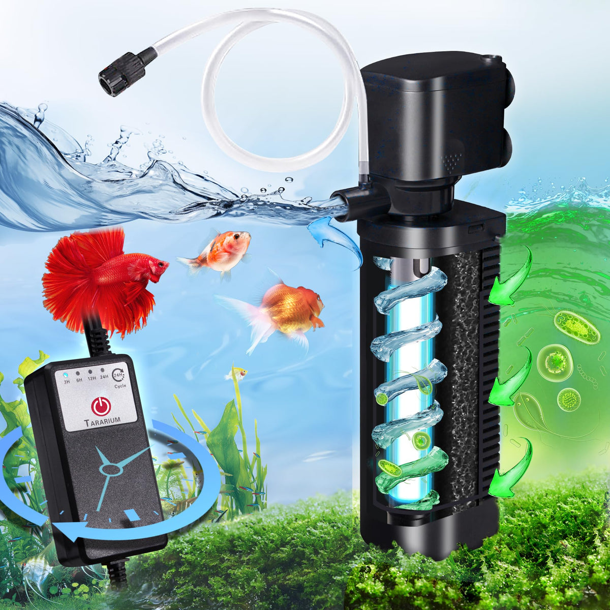 Tararium aquarium filter UV-timer-pump for consistent flow and odor control