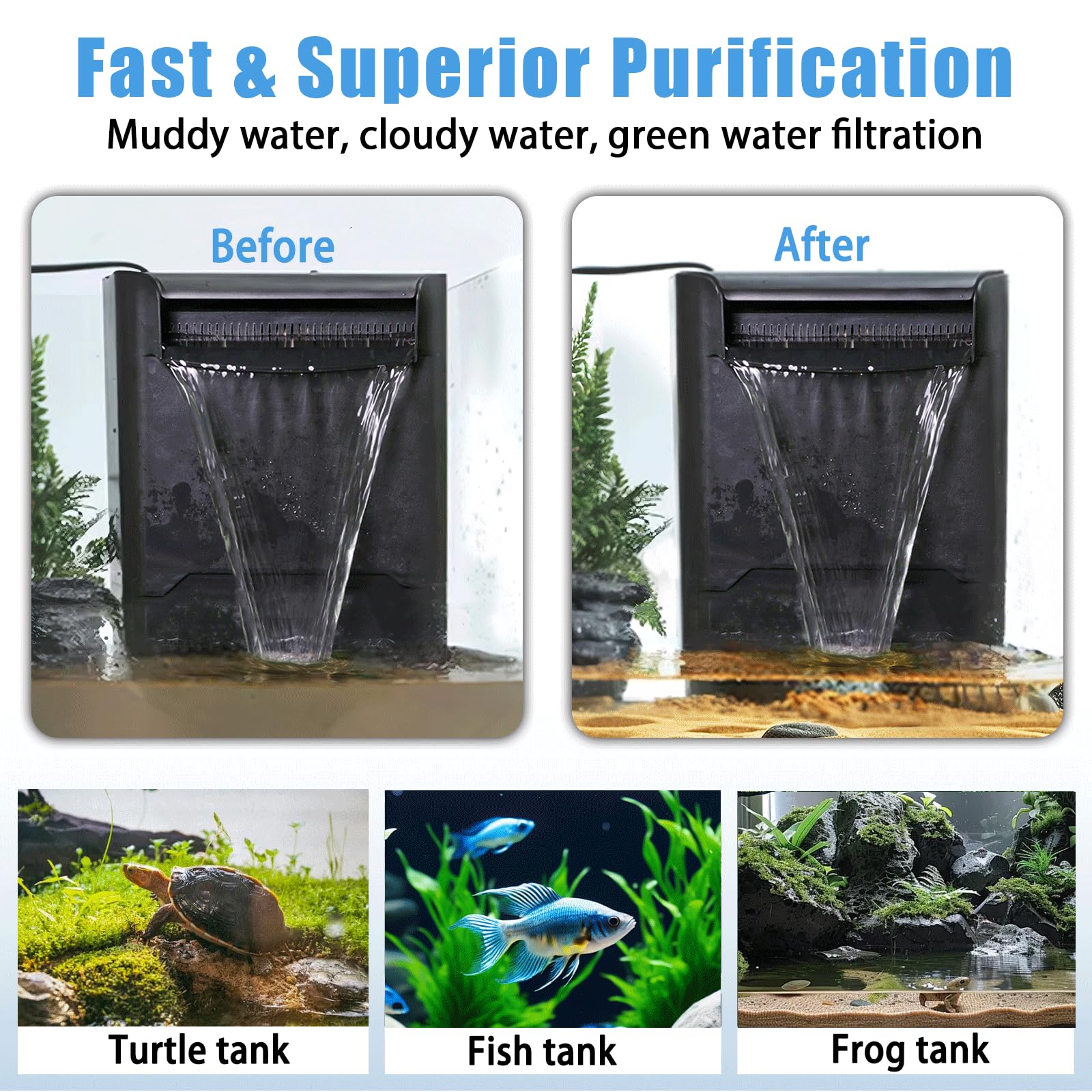 TARARIUM turtle-filter waterfall-jet adds gentle aeration and natural appearance.
