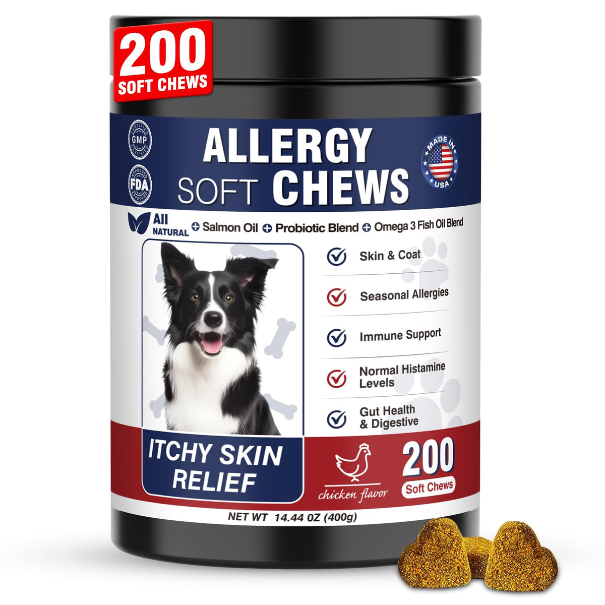 Taraxa dog allergy relief bottle for soothing seasonal itching and dry skin.