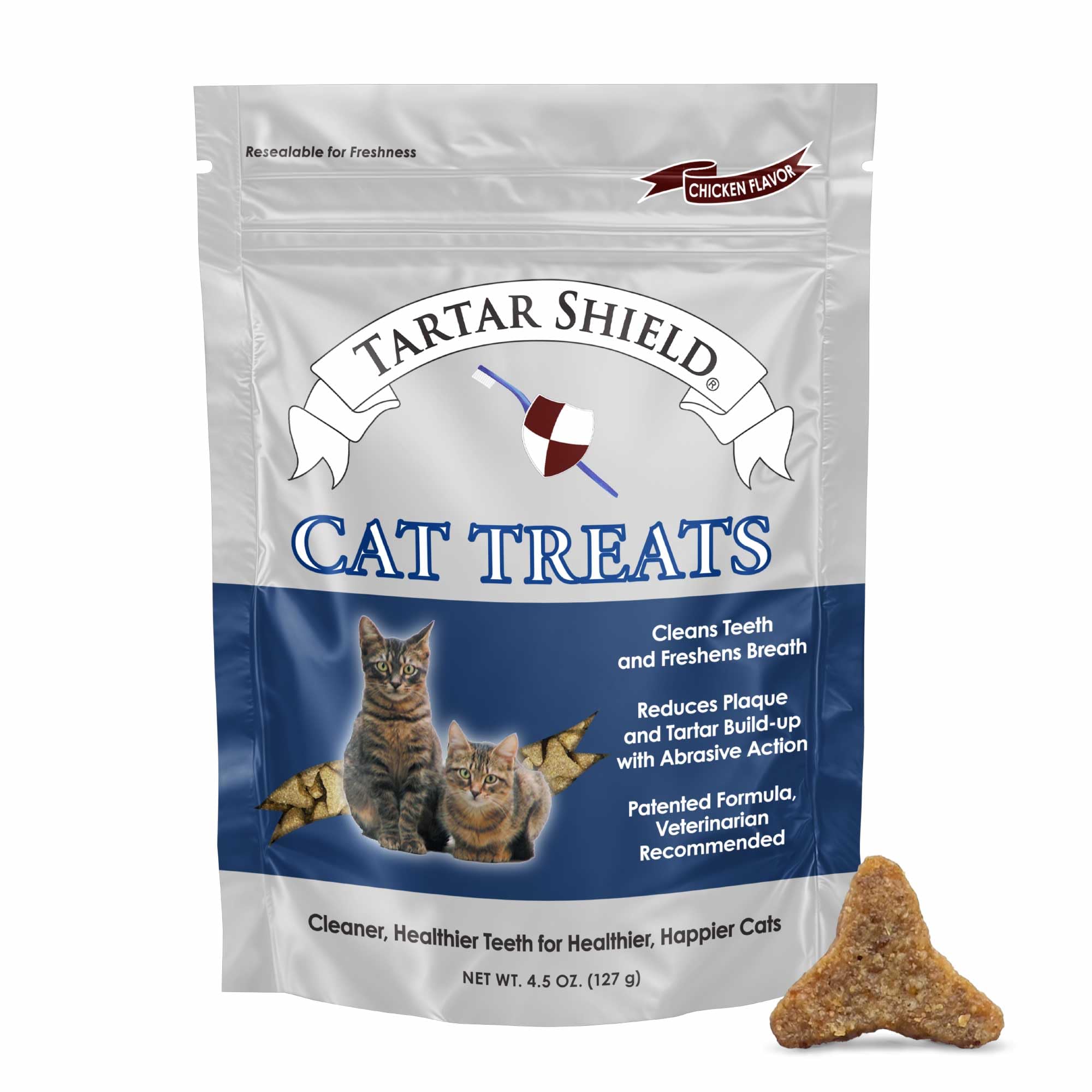 Tartar Shield cat-treats-packaging shows USA-made and natural ingredients for dental health support