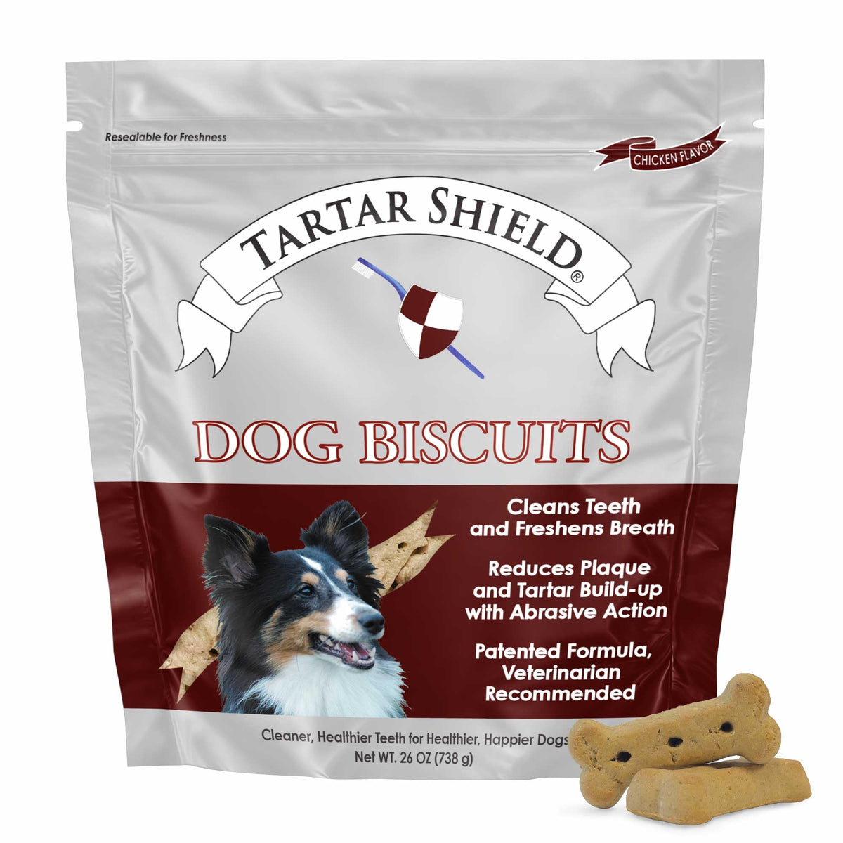 Tartar Shield dental dog biscuits packaging emphasizes USA-made quality for daily dental care.