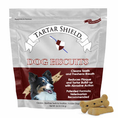 Tartar Shield dental dog biscuits packaging emphasizes USA-made quality for daily dental care.