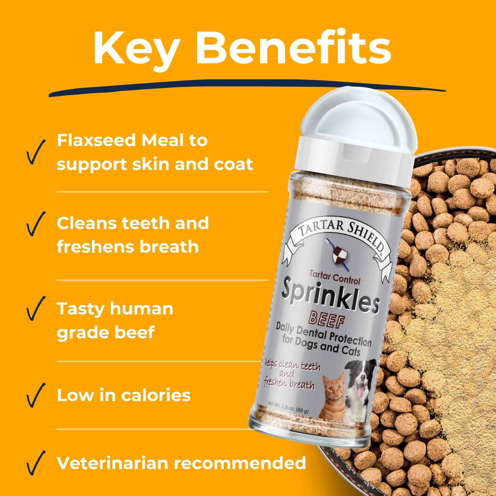 Tartar Shield Dental Sprinkles bowl-closeup highlights beef flavor appealing to seniors at mealtime.