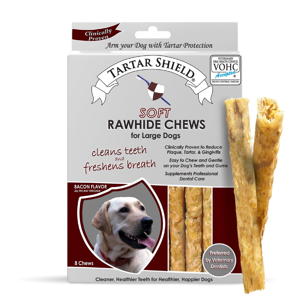 Tartar Shield front packaging for large dogs shows Soft Rawhide Chew for daily dental treats.