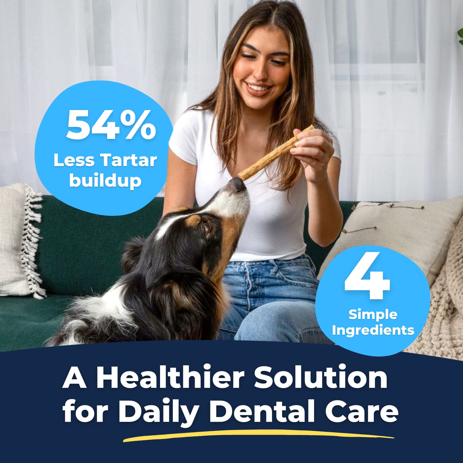 Tartar Shield large-dog chewing image emphasizes easy-chew soft rawhide texture.
