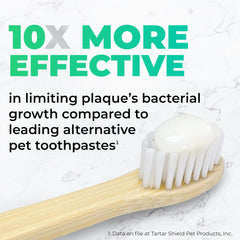 Tartar Shield Pro Care brushing action showing pet teeth cleaning and gum support.