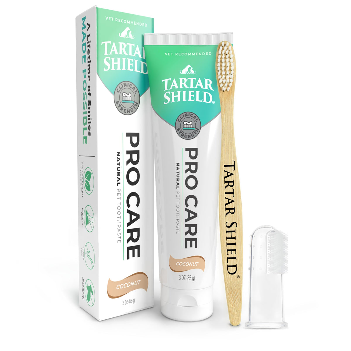 Tartar Shield Pro Care toothpaste tube closeup for fresh breath and clean teeth.