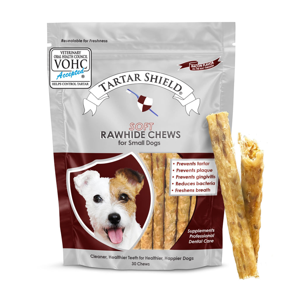 Tartar Shield soft rawhide chews pack front for daily dental health support in small dogs