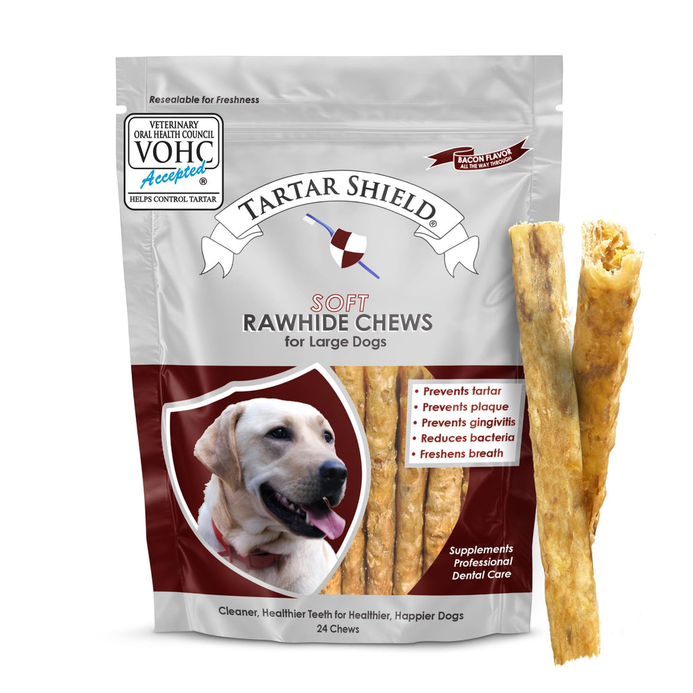 Tartar Shield Soft Rawhide Chews pack shot shows large-dog-friendly 24-count packaging for daily dental support.