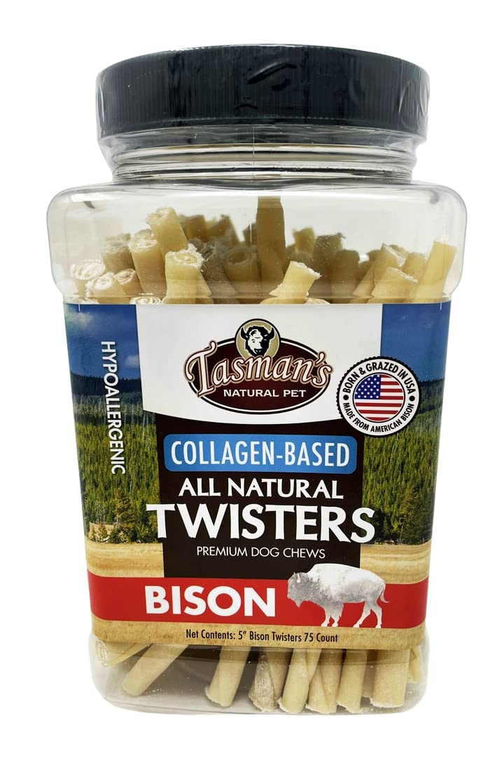 Tasman's Natural Pet bison collagen twisters closeup — long-lasting chew for dogs with allergies.