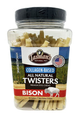 Tasman's Natural Pet bison collagen twisters closeup — long-lasting chew for dogs with allergies.