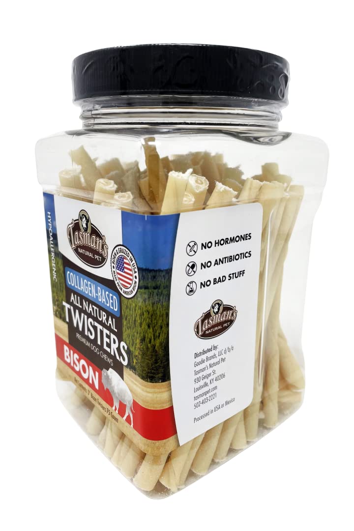 Tasman's Natural Pet bison collagen twisters jar — 75 sticks, convenient allergy-friendly treat.