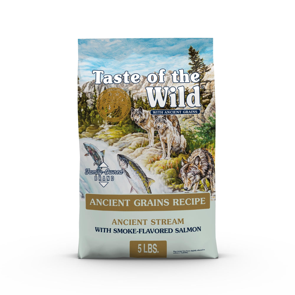Taste of the Wild Ancient Stream bag front featuring smoke-flavored salmon for lean muscles.