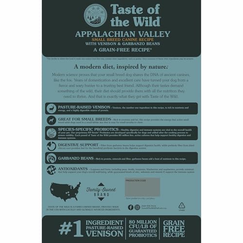 Taste of the Wild Appalachian Valley venison dry dog food bowl serving for active small dogs