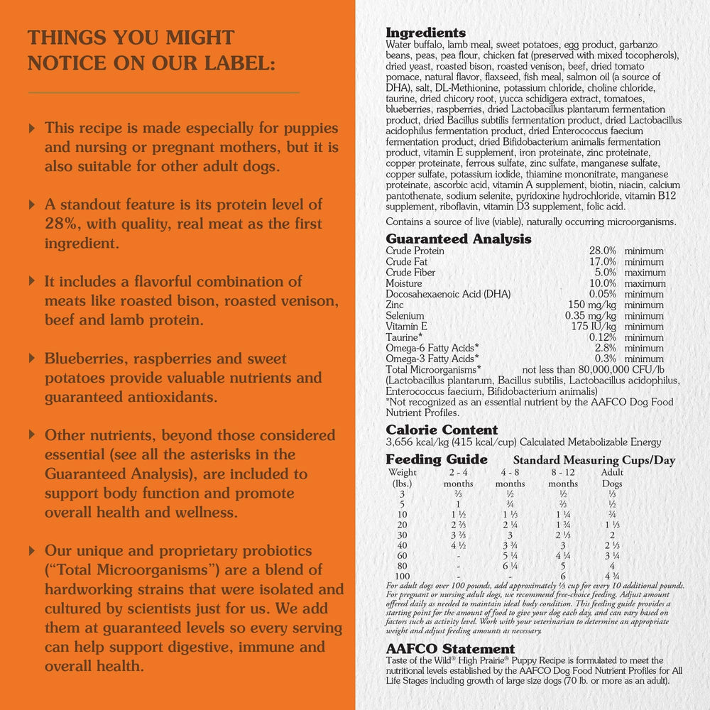 Taste of the Wild High Prairie probiotic label closeup emphasizes digestion support and immune-friendly ingredients.