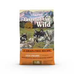 Taste of the Wild High Prairie puppy bison-venison dry food bag highlights real meat for growing puppies.