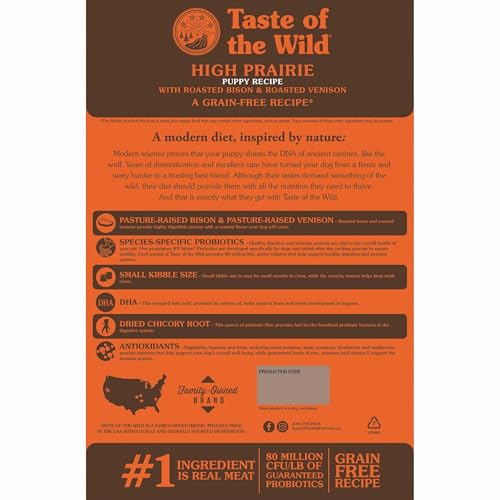 Taste of the Wild High Prairie puppy kibble closeup showcases hearty crunch for eager appetites.