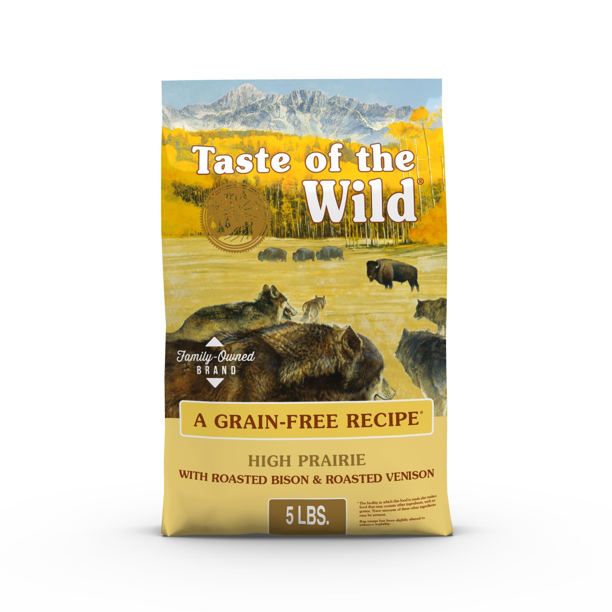 Taste of the Wild High Prairie bag front shows premium roasted bison and venison protein for active dogs