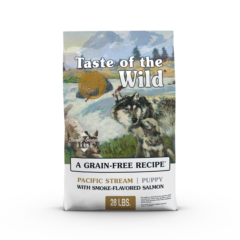 Taste of the Wild Pacific Stream puppy bag closeup highlights grain-free nutrition for growing puppies.