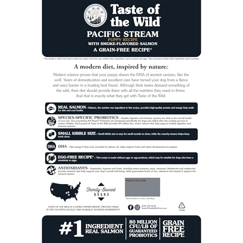 Taste of the Wild Pacific Stream kibble with smoke-flavored salmon boosts tasty protein for puppies.