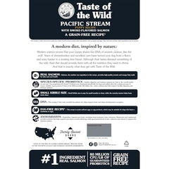 Taste of the Wild Pacific Stream kibble with smoke-flavored salmon boosts tasty protein for puppies.