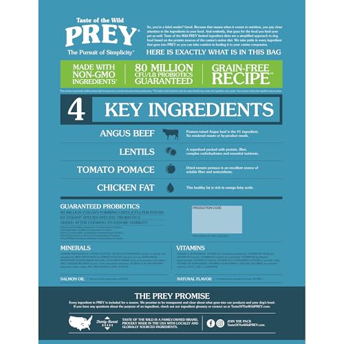 Taste of the Wild PREY Angus Beef ingredients image highlights four-key-ingredient diet.