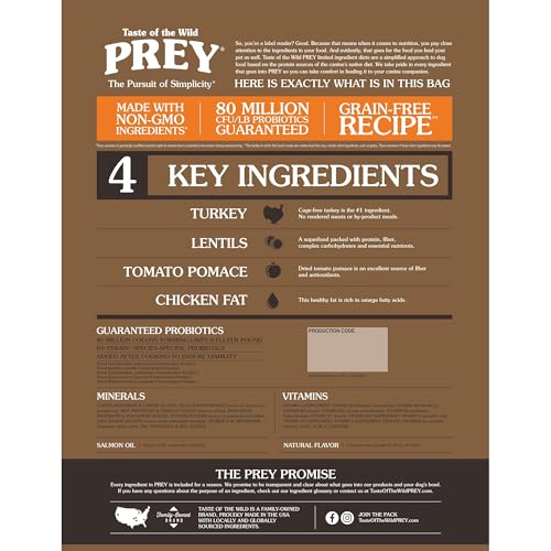 Taste of the Wild Prey Turkey kibble closeup highlighting protein-rich, turkey-first ingredients.
