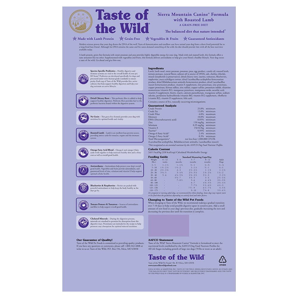 Taste of the Wild Sierra Mountain kibble on plate, highlighting digestible energy from sweet potatoes and peas.