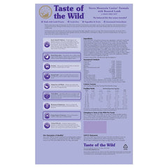 Taste of the Wild Sierra Mountain kibble on plate, highlighting digestible energy from sweet potatoes and peas.