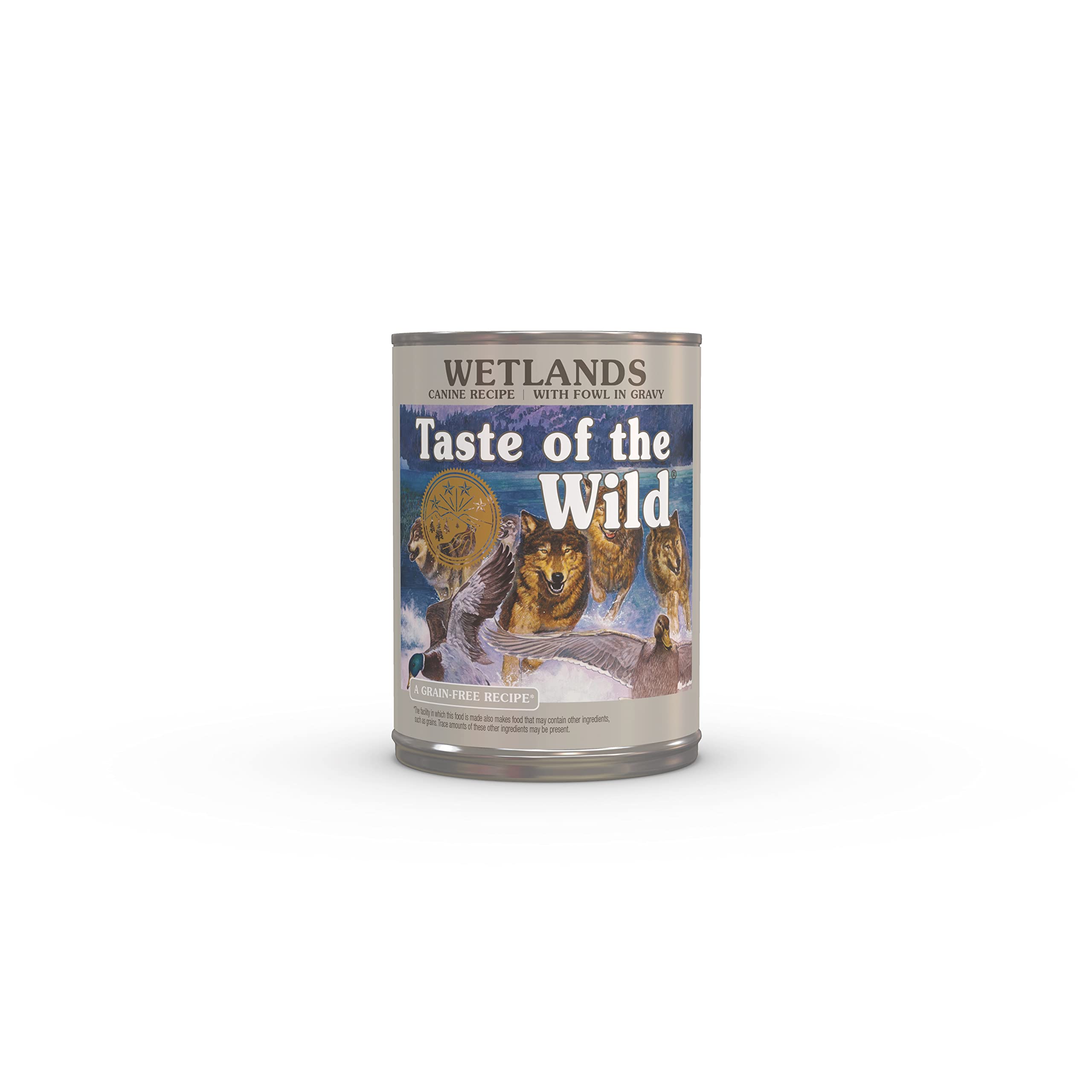 Taste of the Wild Wetlands duck in gravy canned dog food bowl showcases real duck for sturdy energy.