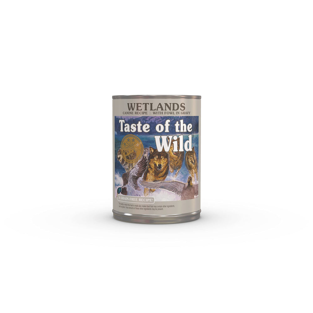 Taste of the Wild Wetlands duck in gravy canned dog food bowl showcases real duck for sturdy energy.