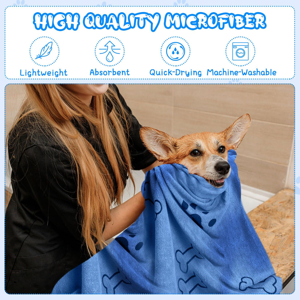 Tatuo dog towels pet bathing scene with blue bone pattern.